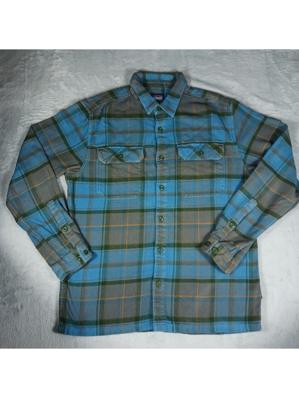 Patagonia Fjord Flannel Shirt Mens Medium Blue Green Plaid Organic Cotton Camp